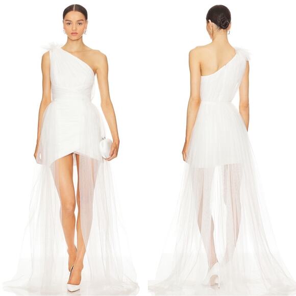 SAU LEE Sidney One Shoulder Ruched Tulle Mini Dress with Detachable Train Sz 2 - Picture 2 of 11